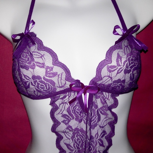Purple Rose Sheer Lace w/Bows GString Bodysuit O/S - Picture 3 of 4